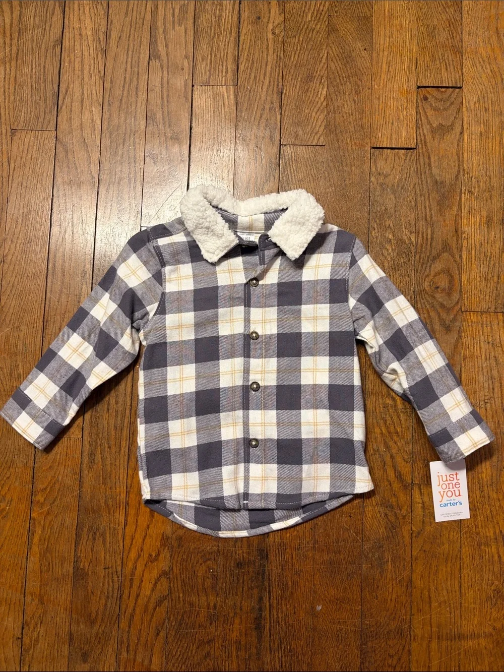 Carter's Gray and Cream Plaid Sherpa-Collar Button Shirt